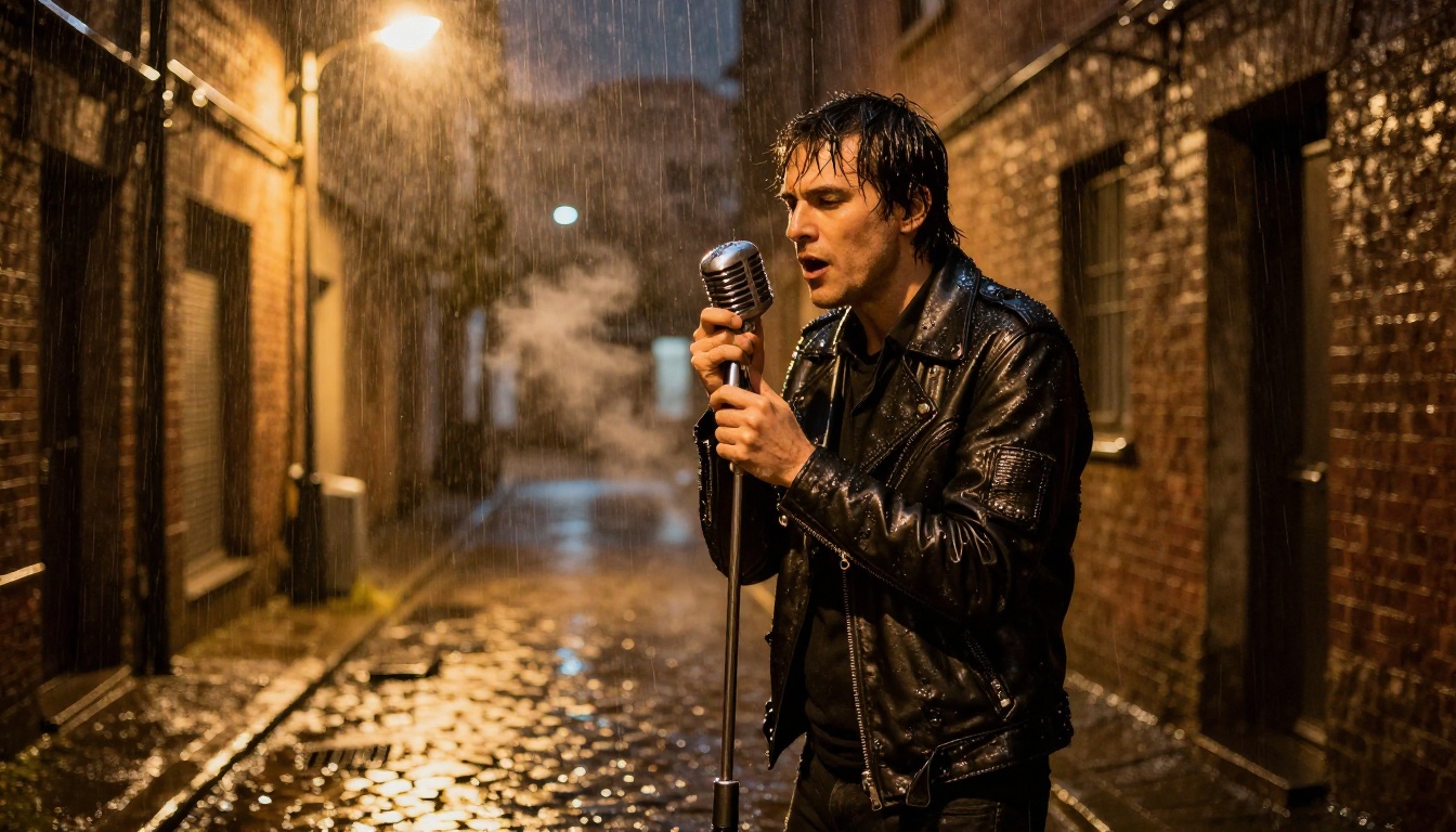 Musician performing in a rain-soaked urban alley at night under a dramatic tungsten streetlamp
