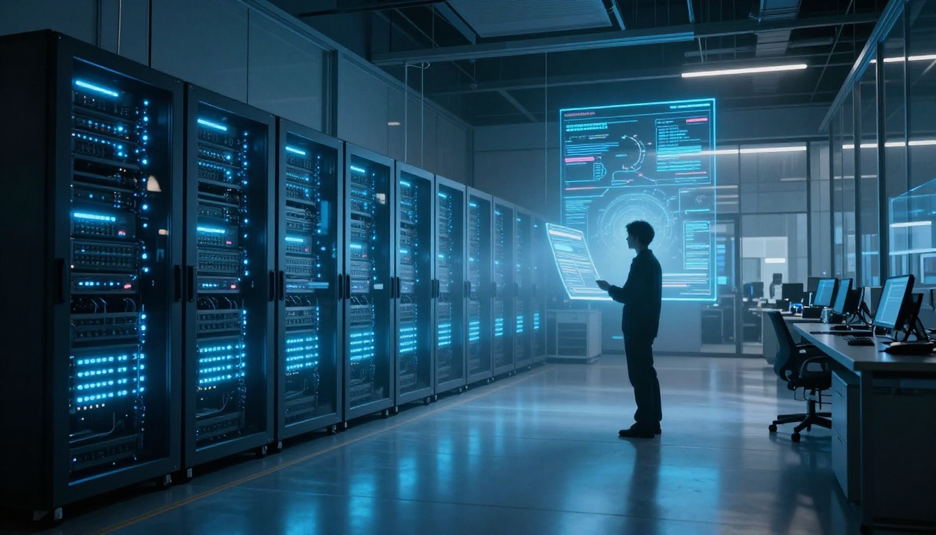 AI Research Lab interior with servers and researcher in silhouette