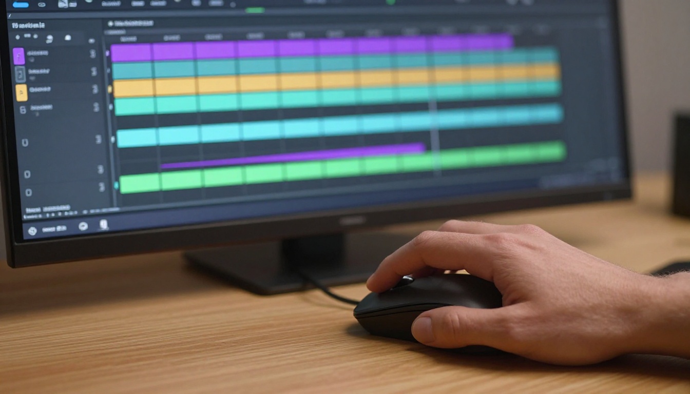 Professional video editing timeline on monitor with audio waveforms