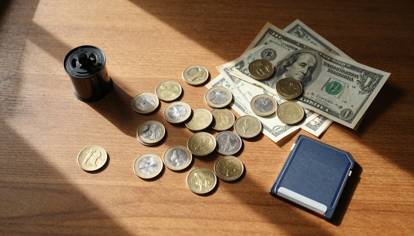 Coins and film reel on wooden desk representing budget video production