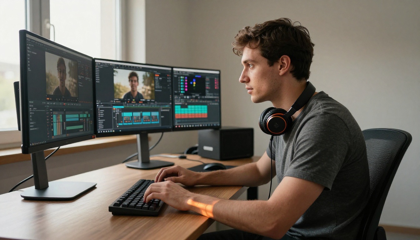 Young male content creator working at standing desk with three monitors
