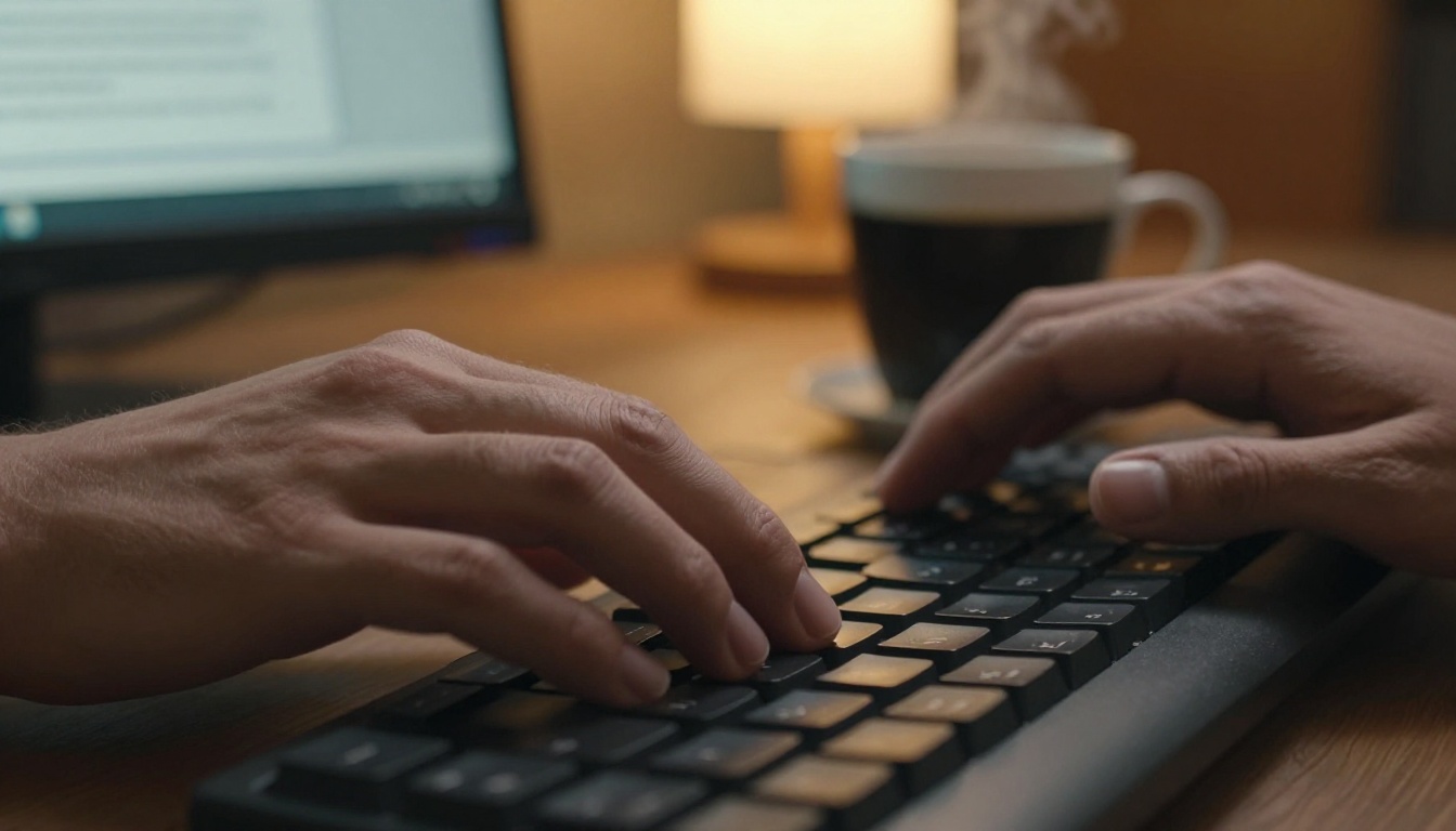 Close-up of hands typing on mechanical keyboard with monitor in background
