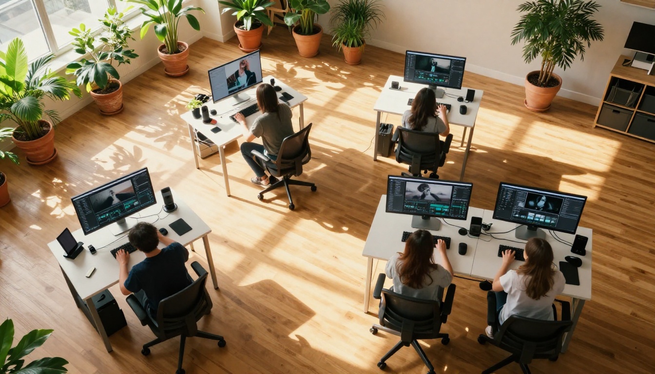 Aerial view of creative studio workspace with four workstations