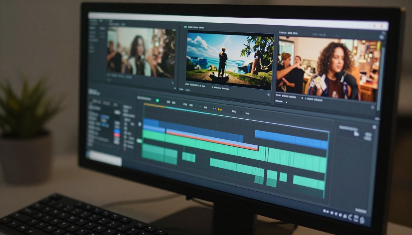 AI video editing workstation with multi-track timeline and color-graded clip thumbnails in sequence