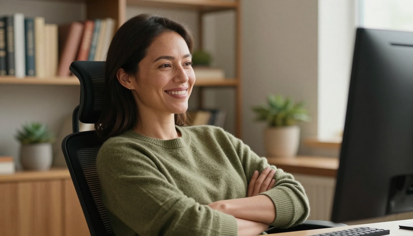Woman smiling at monitor in warm home office setting