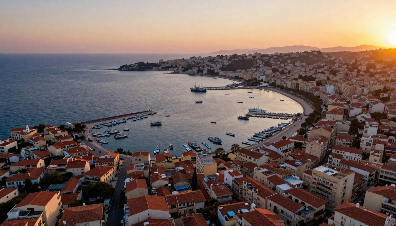 Wide aerial drone photograph of a coastal Mediterranean city at golden hour, terracotta rooftops cascading toward a blue harbor