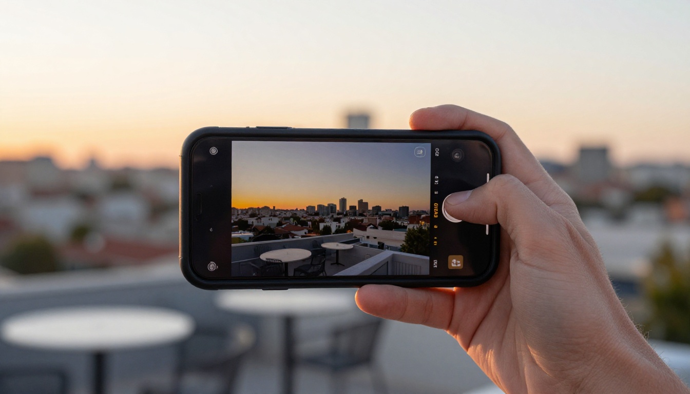 Smartphone held outdoors displaying video playback at golden hour
