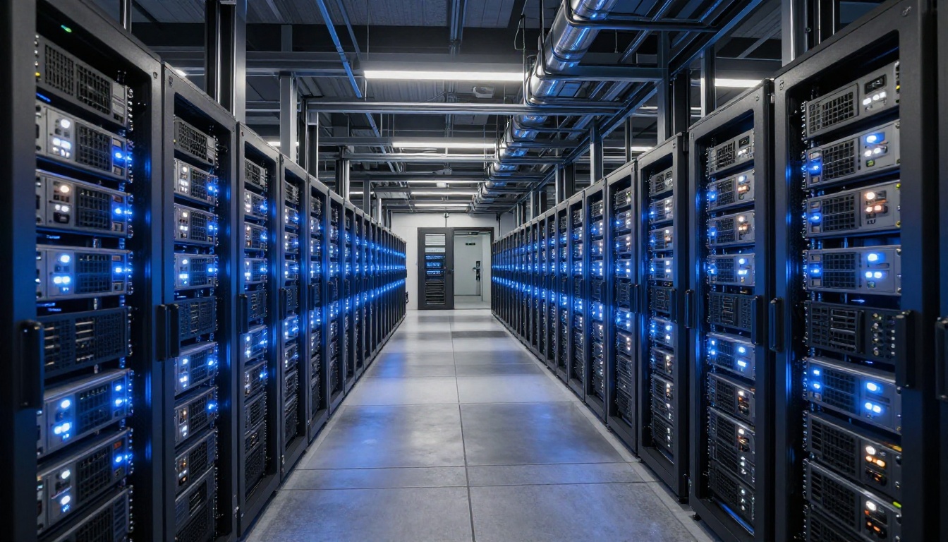Modern high-performance data center with server racks stretching down a long aisle, blue-white LED indicator lights on brushed aluminum chassis