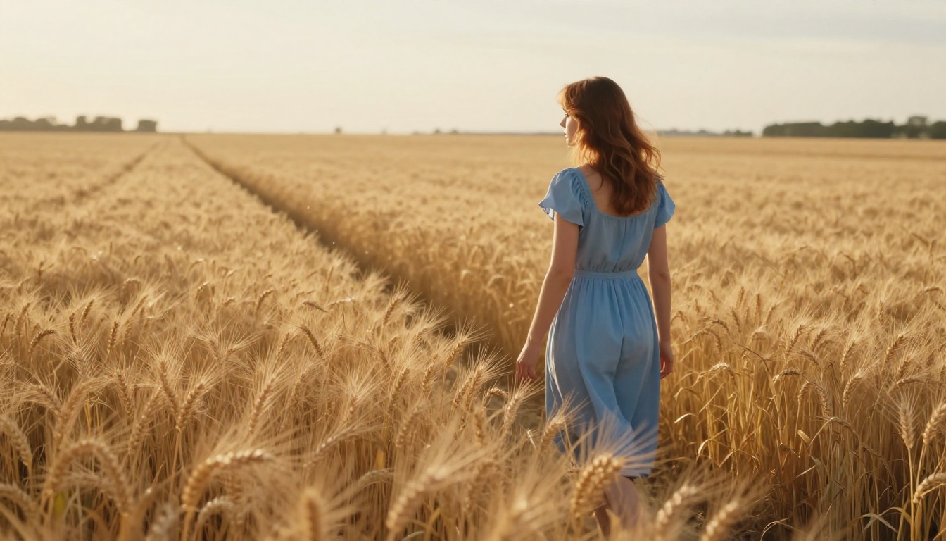 A woman with auburn hair in a light blue summer dress walking through a golden wheat field, late afternoon sun streaming from the right