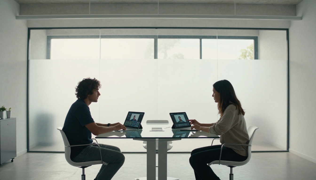 Two creative professionals seated at a glass conference table comparing AI video outputs on tablets side by side