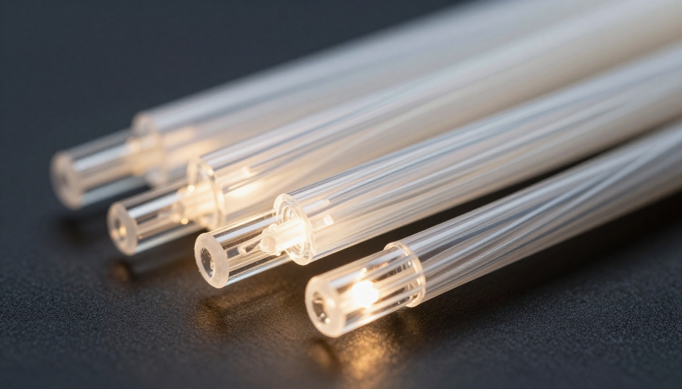 Close-up macro photograph of fiber optic cables bundled together, light transmitting through the glass cores, dark matte background