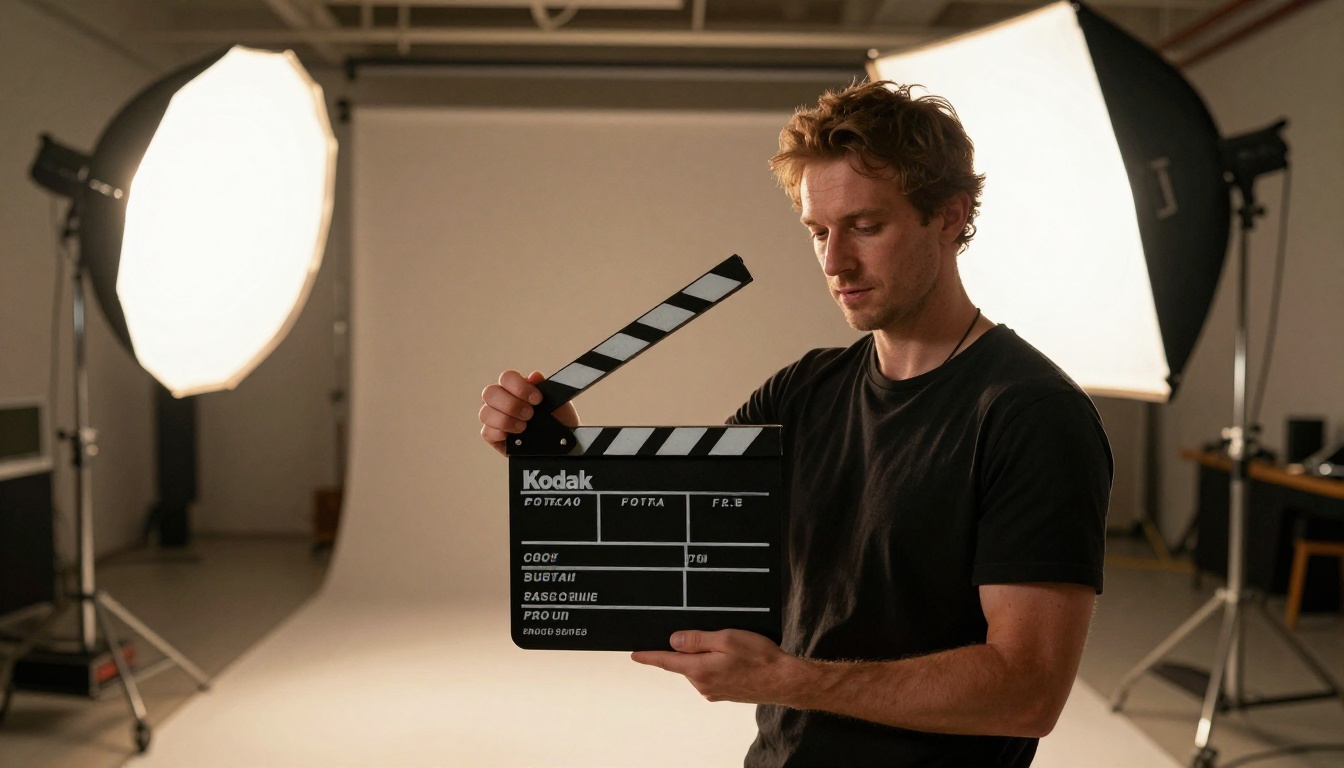 A film director holding a traditional clapperboard on a professional film set with softbox lighting rigs and camera equipment visible