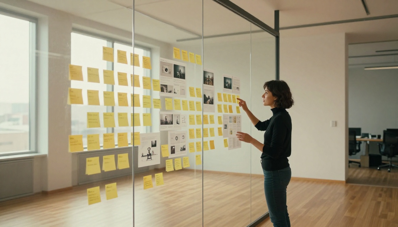 Creative director in a black turtleneck gesturing at a large glass wall covered in printed video storyboard frames and notes