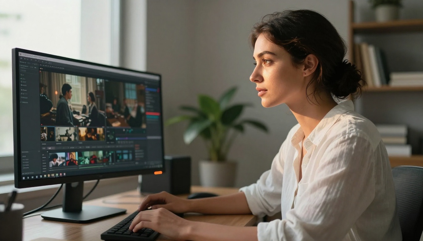 Creative professional reviewing video output quality on monitor