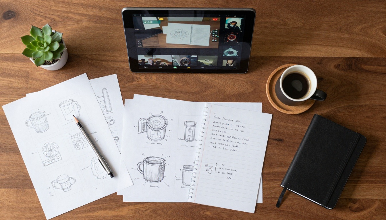 Filmmaker's desk with storyboards, tablet, and planning materials