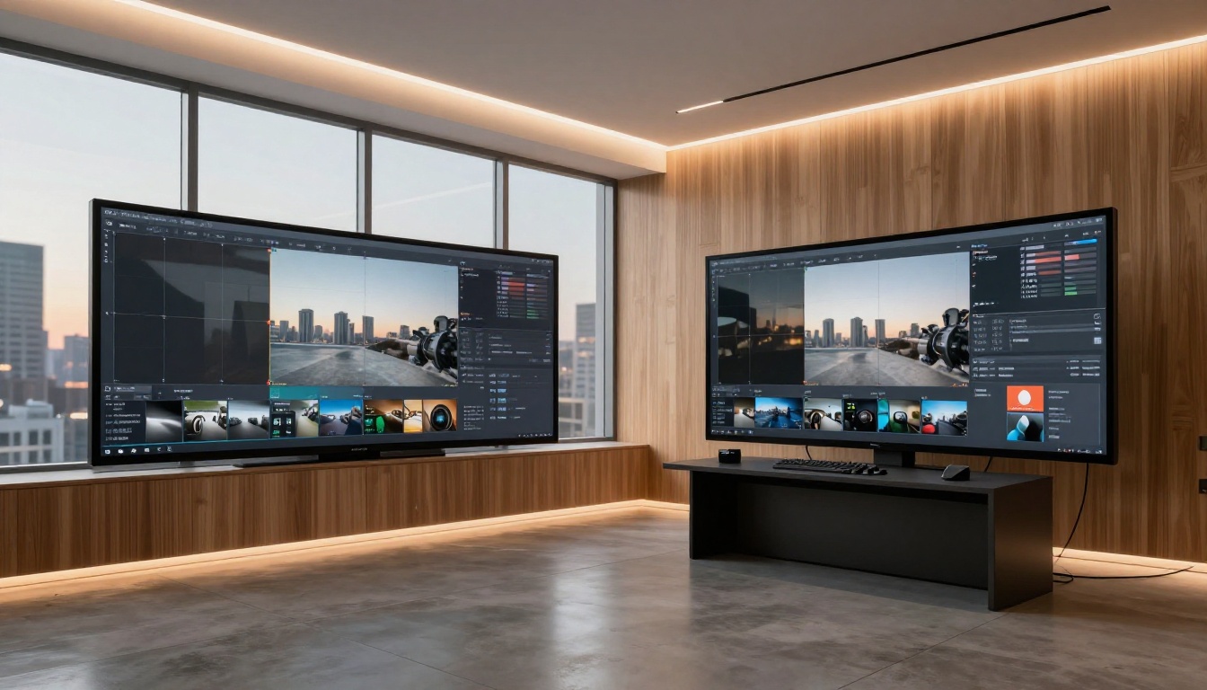 Professional studio with dual monitors showing video output comparison