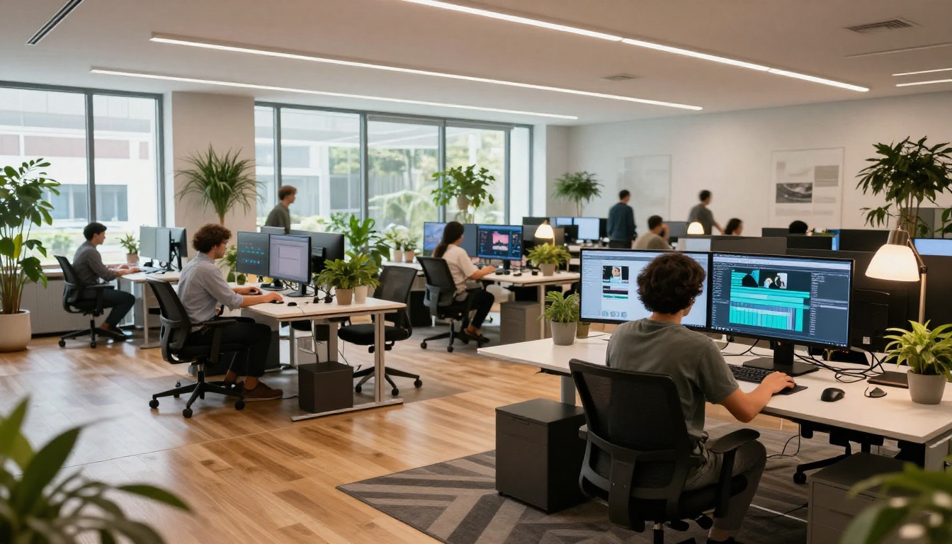 Modern creative office with video professionals at work