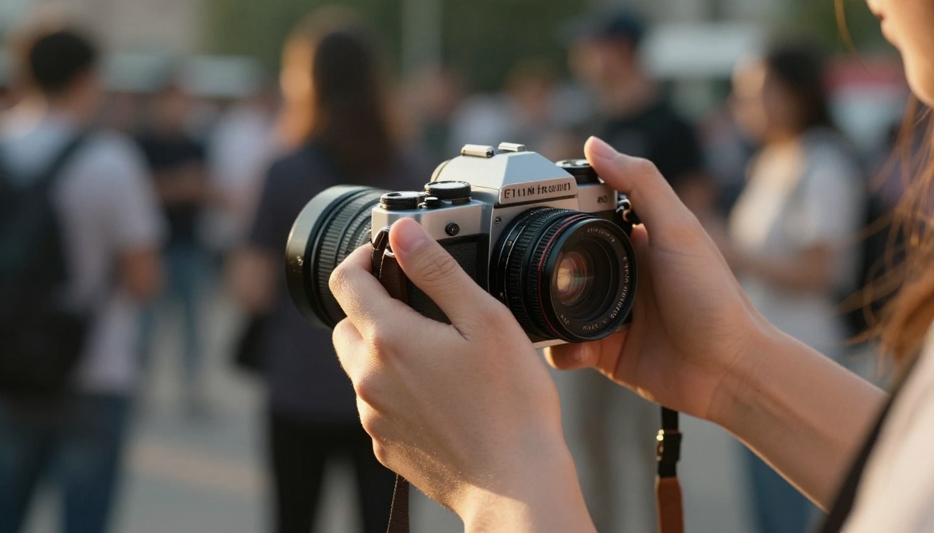 Hands holding cinema-grade camera on a film set