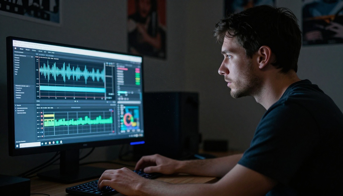 Filmmaker reviewing footage on laptop in editing suite