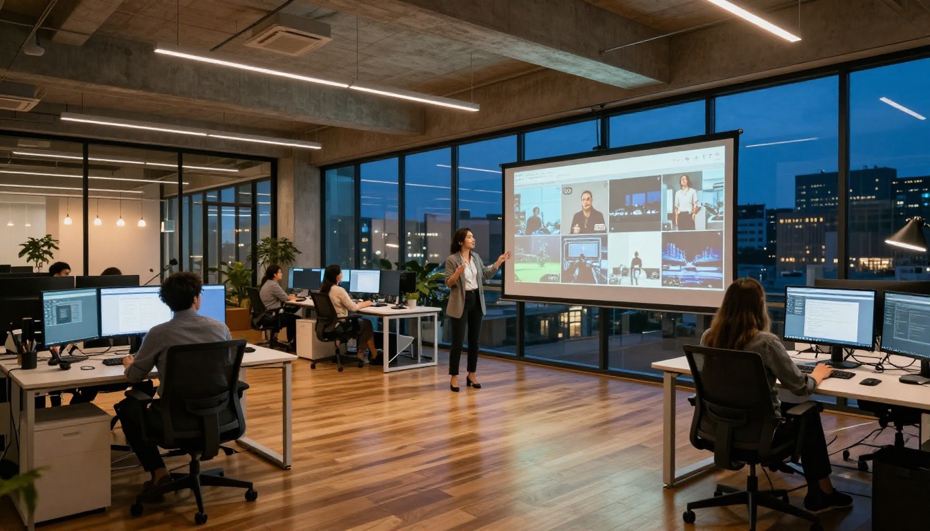 Modern creative office with large windows and team at monitors