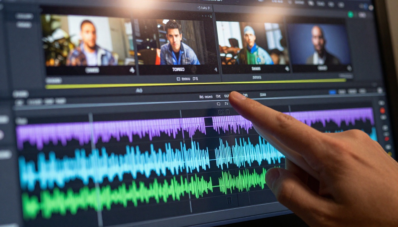 Close-up of video editing timeline on a 4K monitor