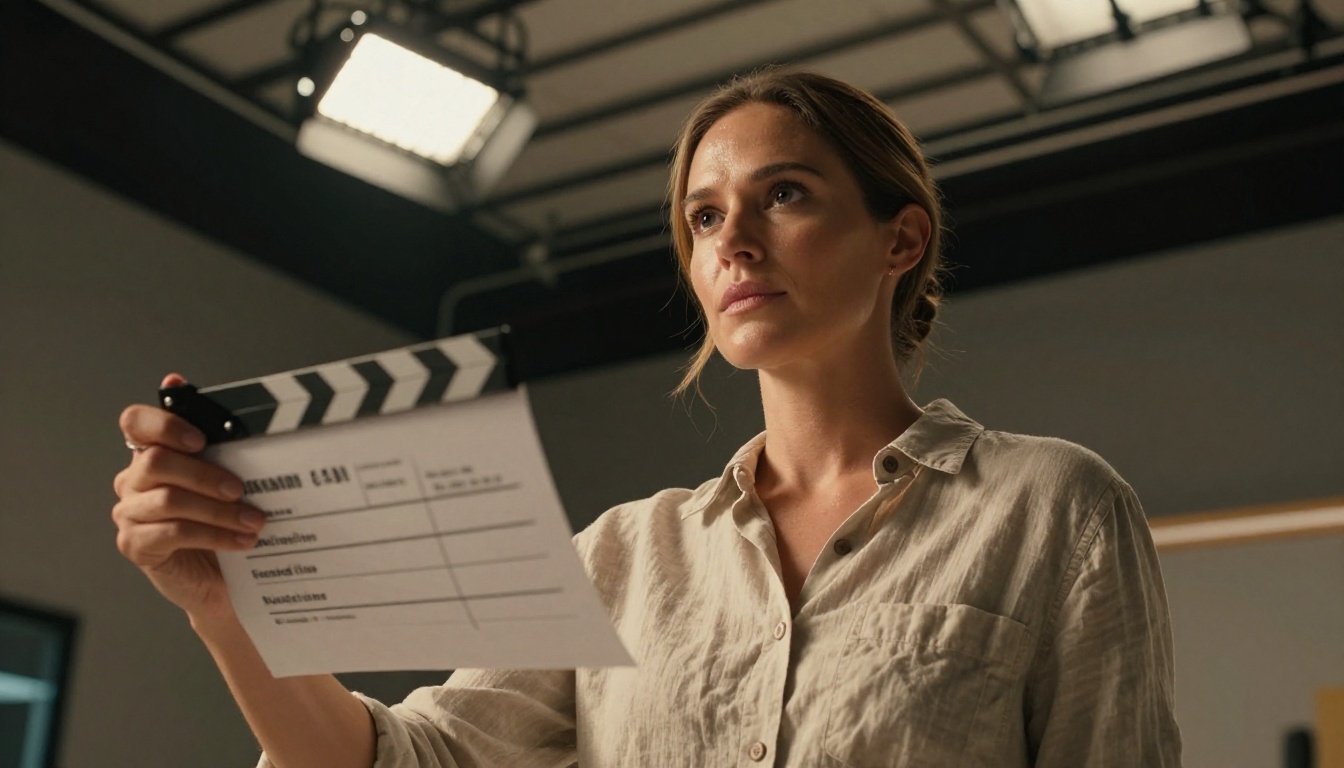 Confident woman director standing in film studio with professional lighting