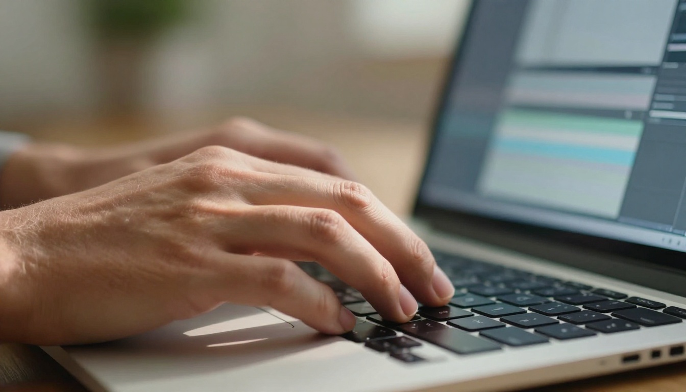 Hands on keyboard working on a video editing timeline