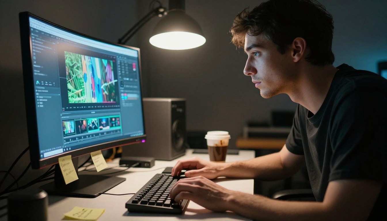 Director reviewing video frames on a monitor in a dimly lit studio