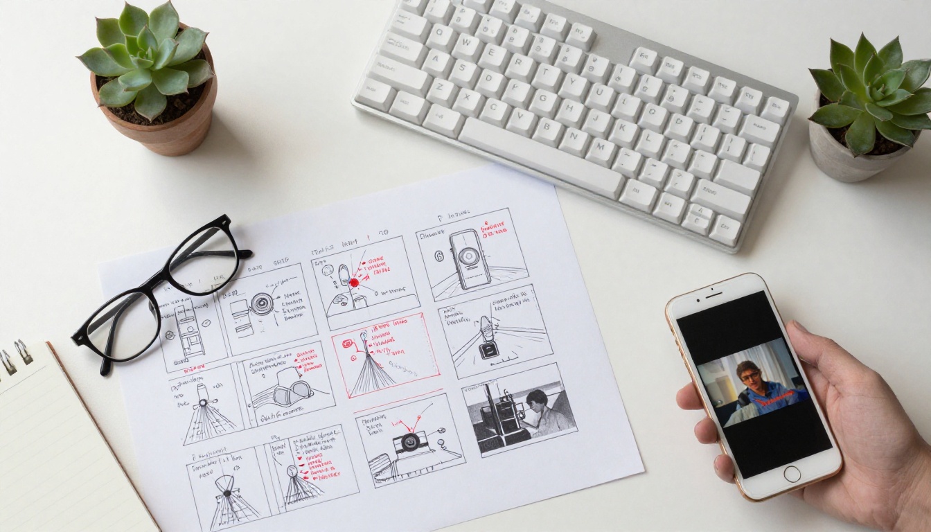 Filmmaker's desk with storyboard annotations and planning materials