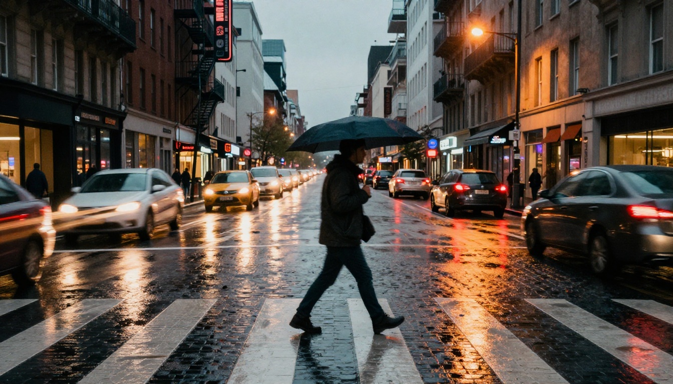 Wide-angle cinematic street at dusk with motion blur and wet reflections