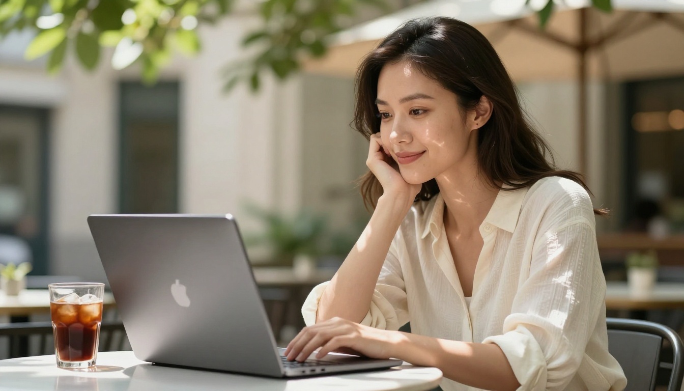 Woman working outdoors at cafe with laptop showing video interface