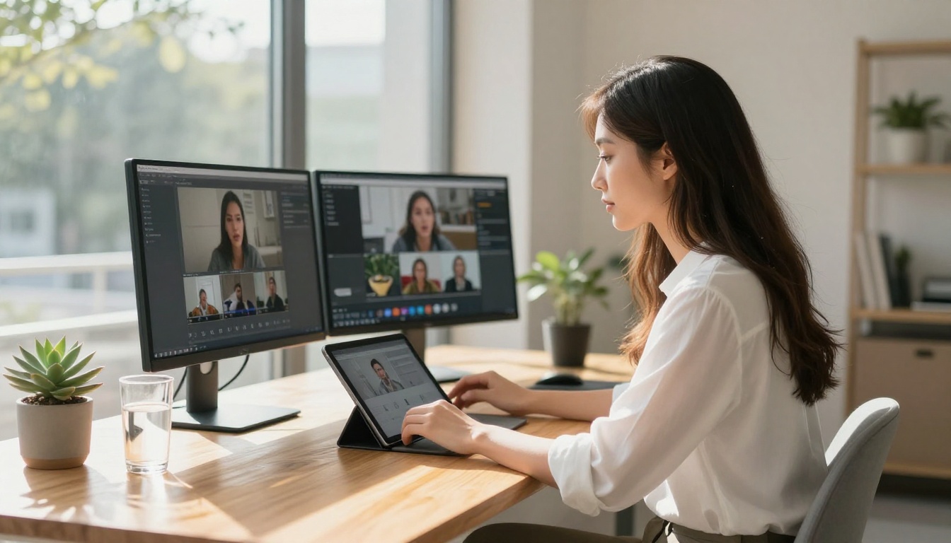 Woman in a bright minimalist workspace with dual monitors working on video content