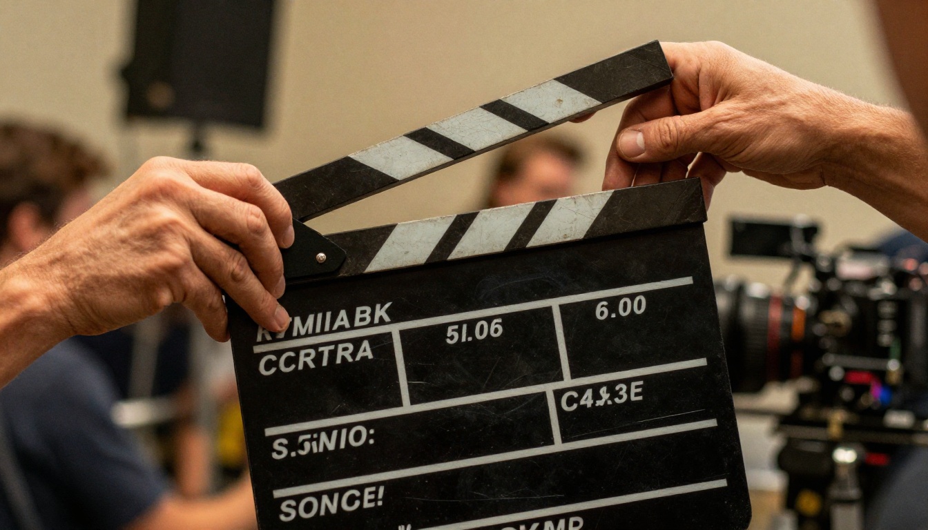 Director's hands clapping a film clapperboard on a professional set