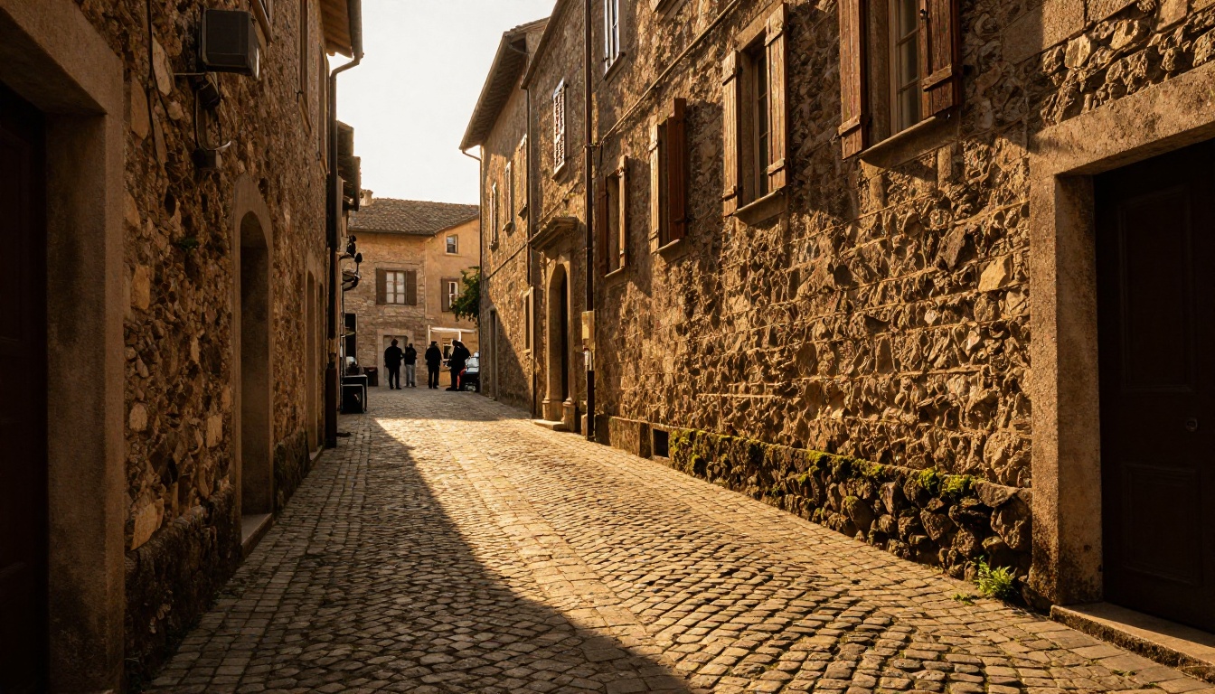 Professional filmmaker on a European cobblestone location at golden hour