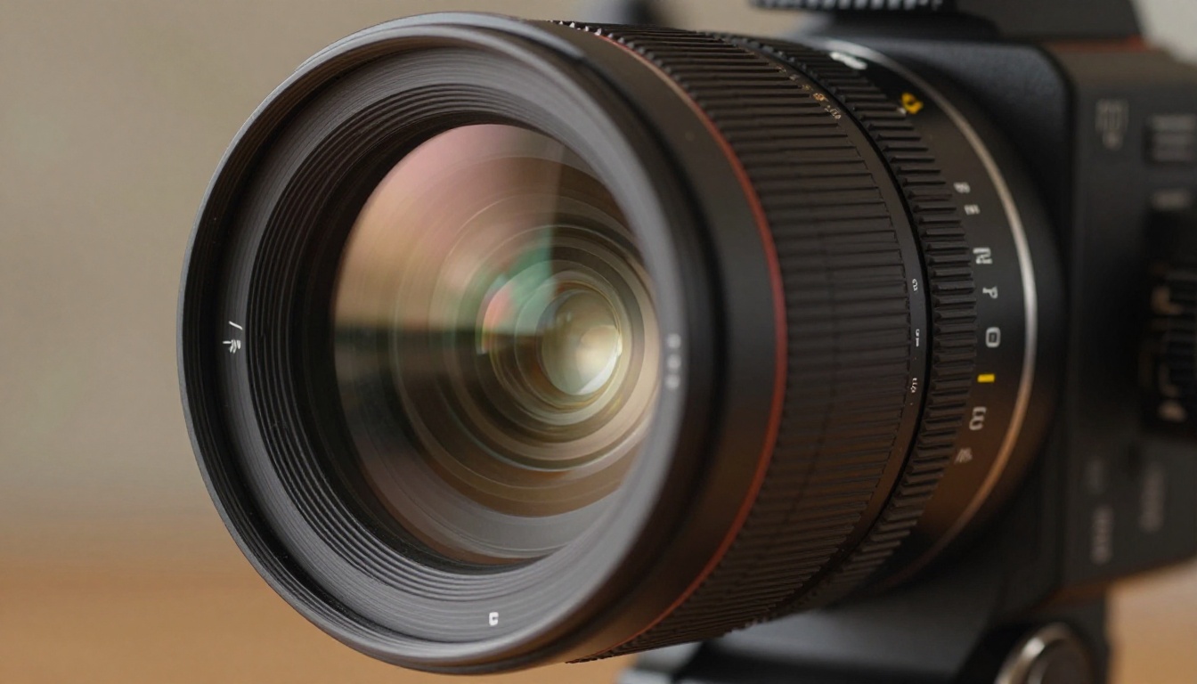 Extreme close-up of a cinema camera lens with prismatic reflections