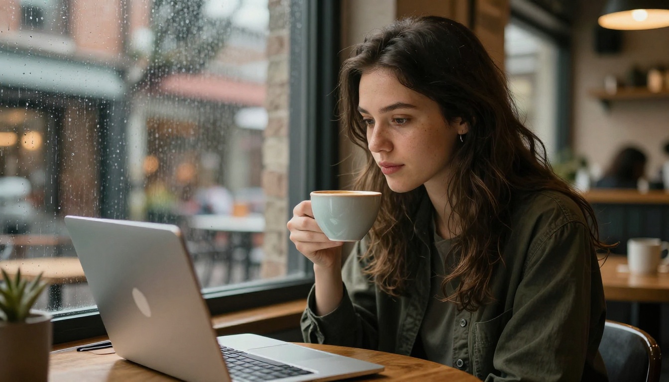 Young woman watching video on a laptop in a warm coffee shop