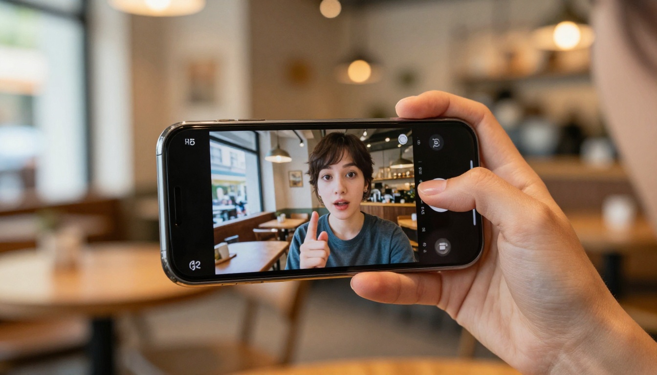 Young woman holding smartphone watching short-form AI video content