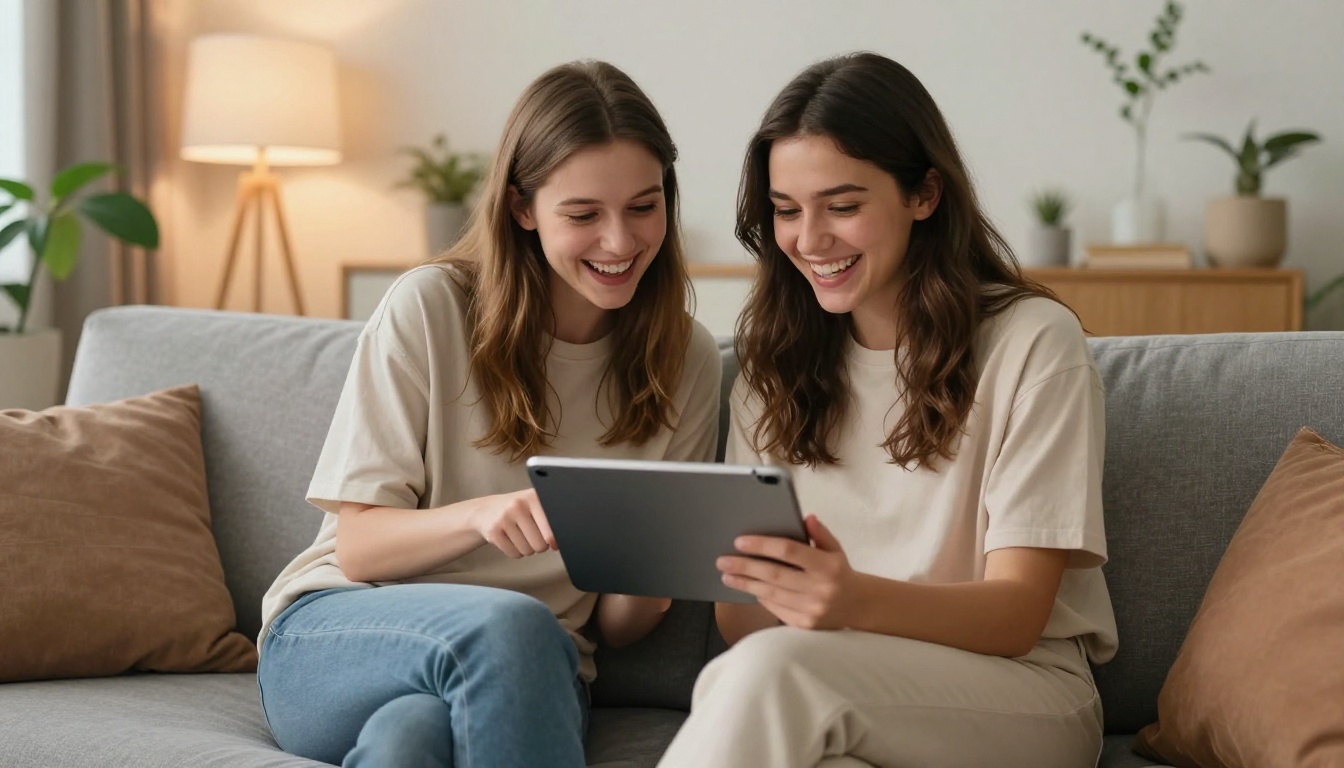 Two young women watching AI-generated social media content on a tablet together