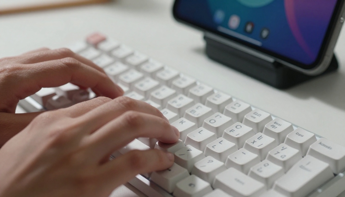 Close-up of hands typing prompts for AI video generation on white keyboard