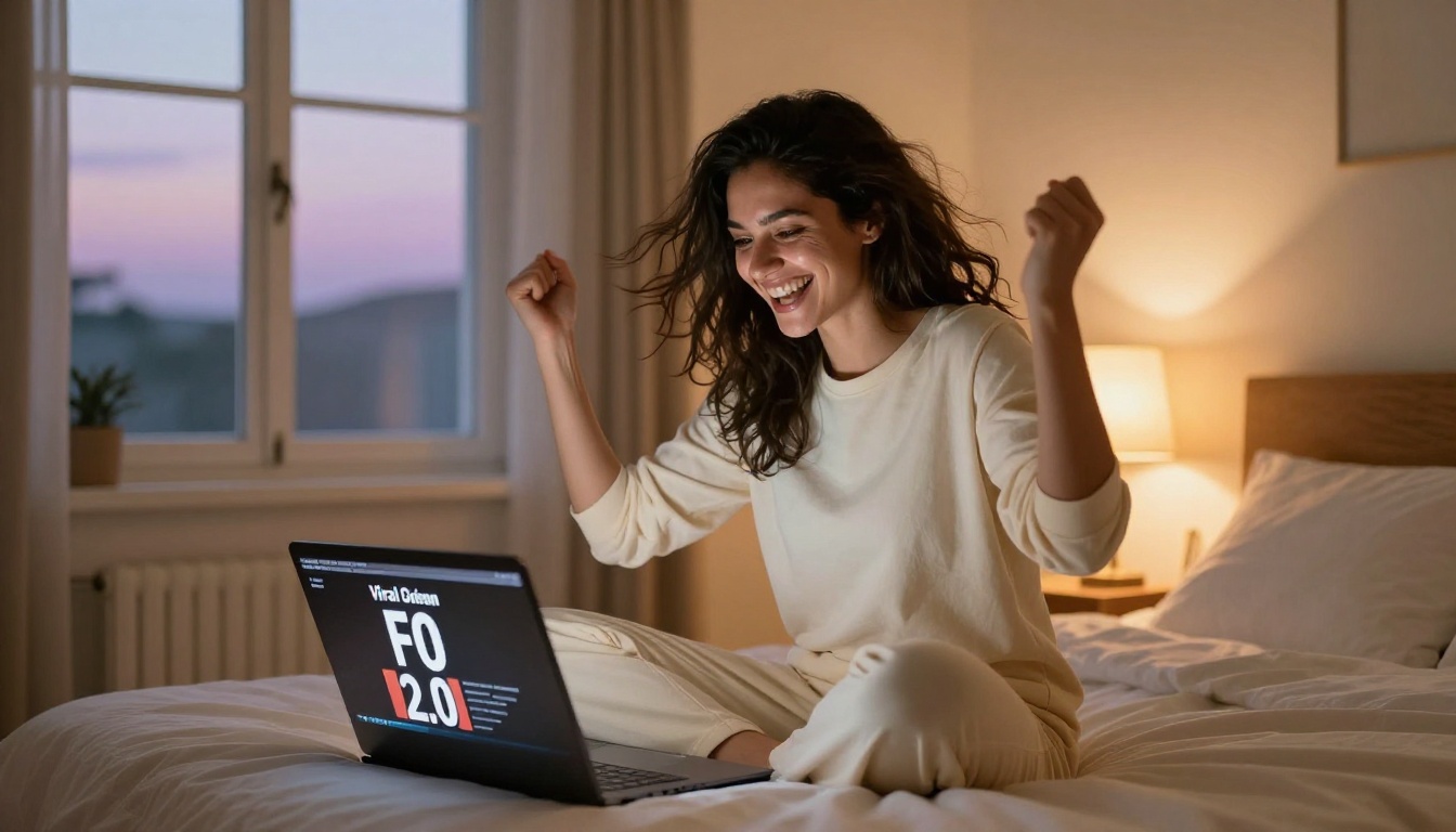 Content creator celebrating social media video success with laptop