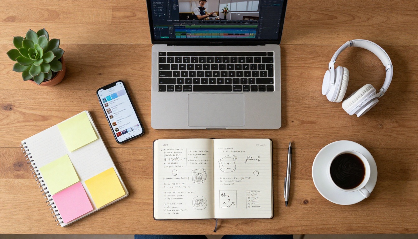 Creator's overhead flat-lay workspace with laptop, phone, coffee, and notebook