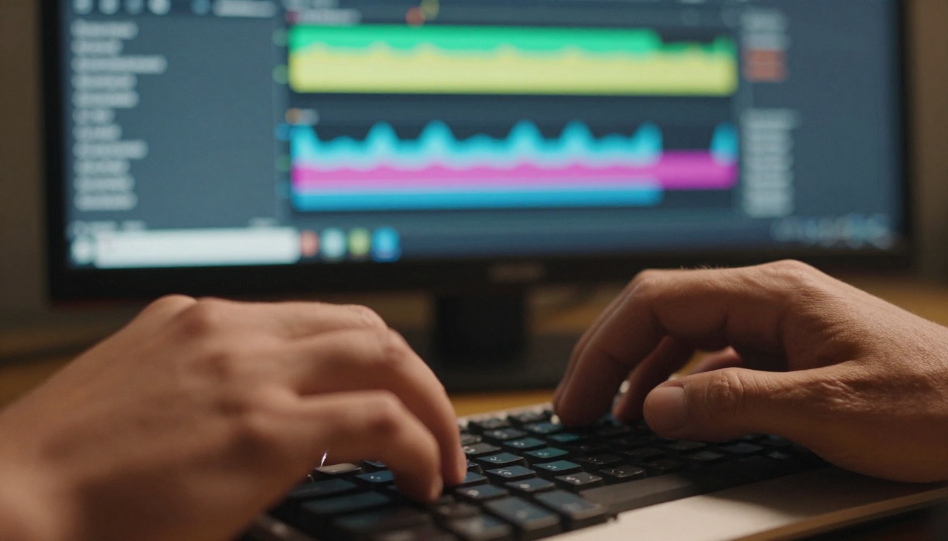 Content creator working on AI video editing at a professional studio desk