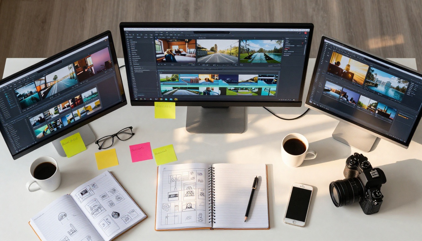 Aerial view of a creative workspace with video storyboards and equipment