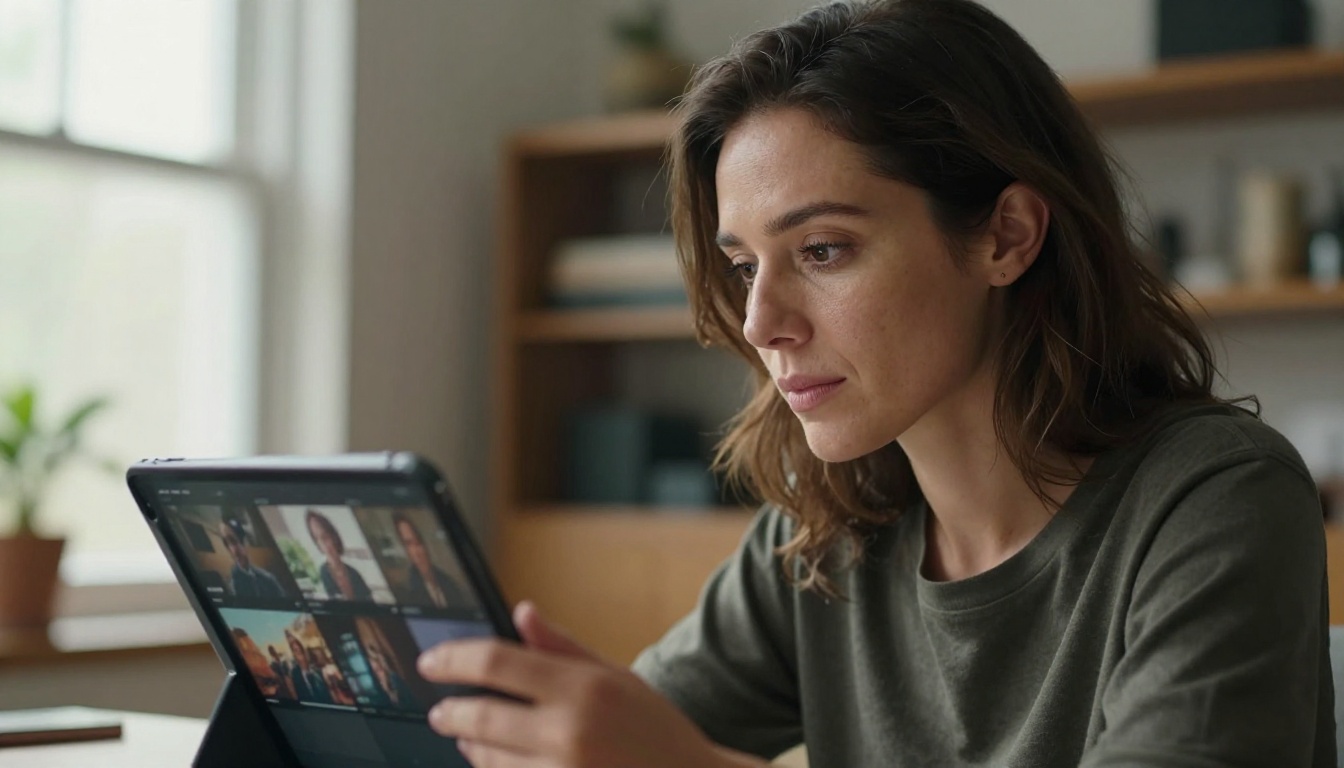 Female content creator reviewing AI-generated video frames on a tablet