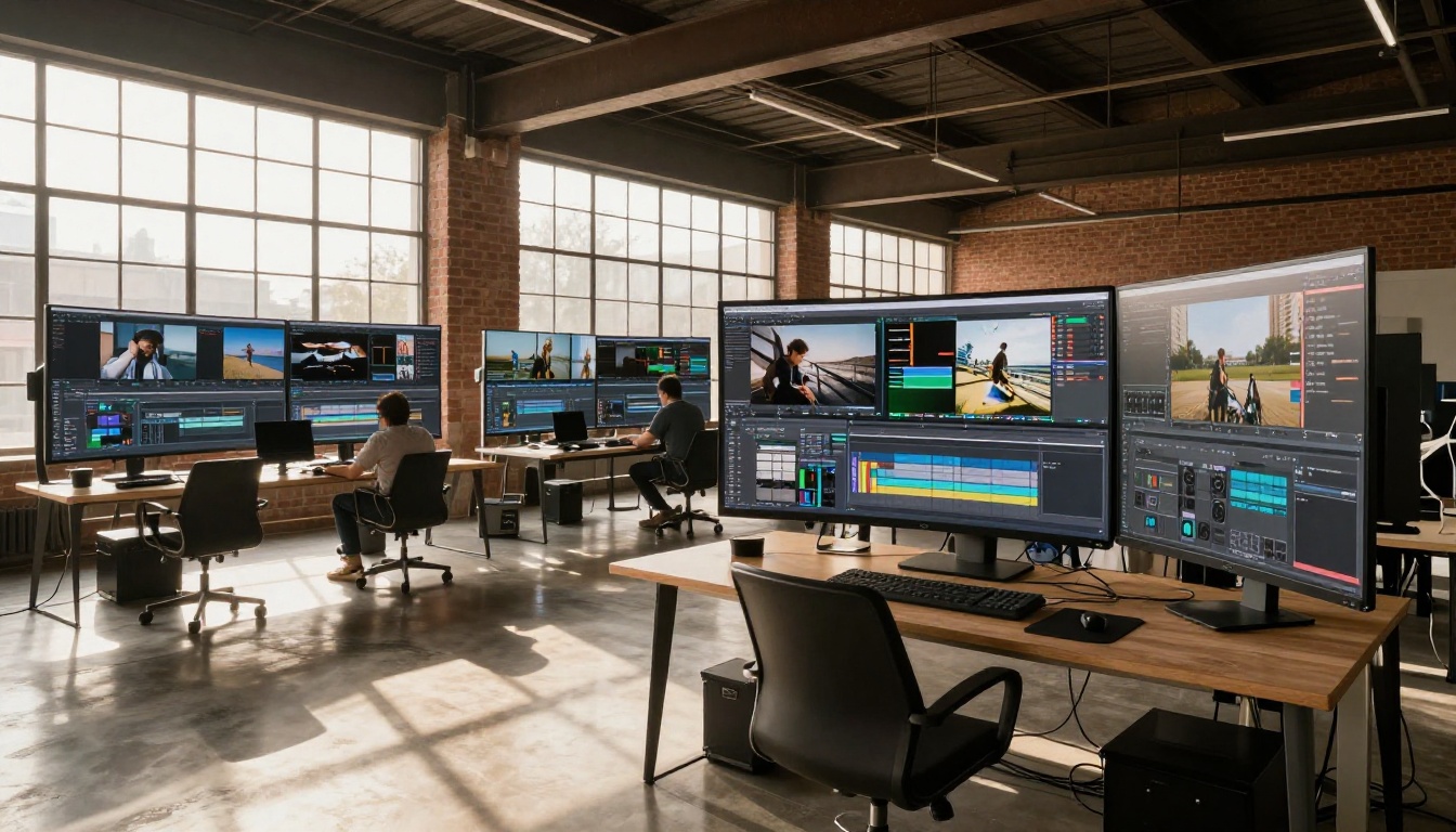Wide shot of a modern creative studio with professional workstations