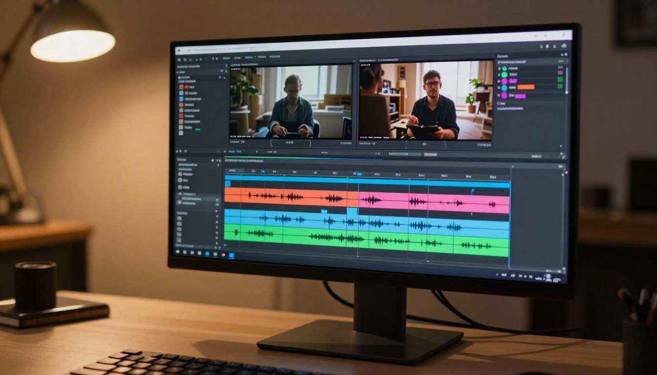 Professional video editing timeline on a high-resolution monitor