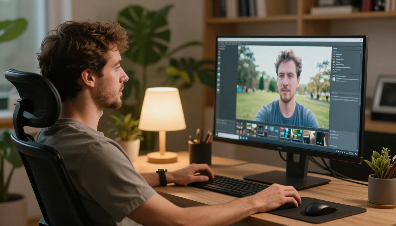 Male content creator reviewing video footage on a large studio monitor