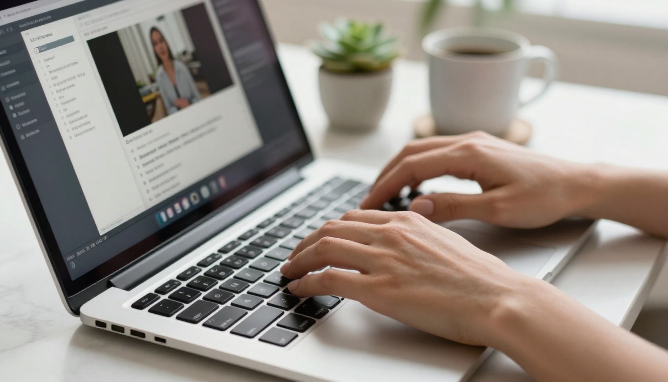 Close-up of hands typing an AI video generation prompt on a MacBook