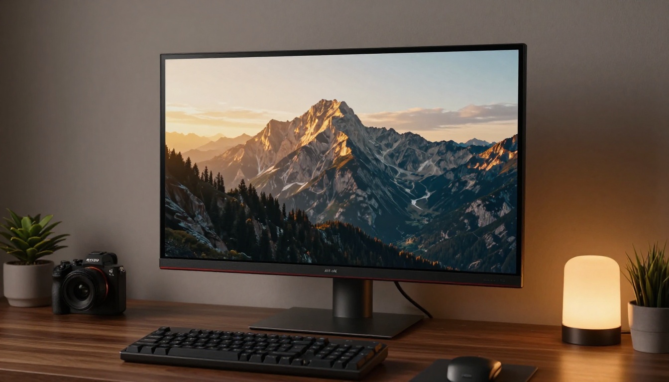 Woman watching AI-generated video on a 4K monitor in a professional home office