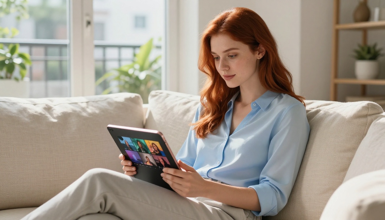 Woman sitting on couch holding tablet showing AI video gallery interface
